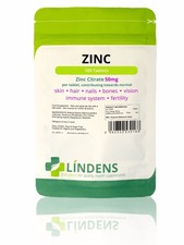 Zinc Citrate 50mg 100 Tablets One-a-Day Sexual Health Acne Hair Vision Vegan