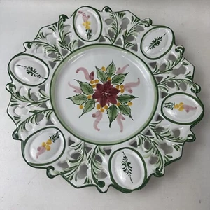 Plato de servir colgante de cerámica pintado a mano Portugal vintage floral firmado - Imagen 1 de 5