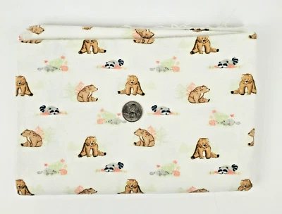 Snuggle Flannel Baby Fabric Bears & Racoons 30" x 42" Pre-Shrunk White Brown - Image 1 of 4