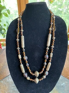 Vintage Beaded Necklace 2 Strand Glass & Brass Amber Iridescent - Picture 1 of 12