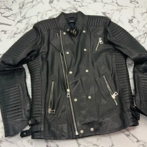 Men's Black Silver Motorcycle Lambskin Genuine Leather Jacket - Picture 1 of 7