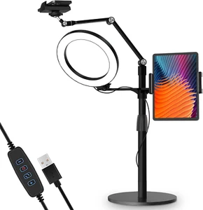 3-In-1 Selfie Desktop Live Stand, Height Adjustable/Overhead, 8" LED Ring Light, - Picture 1 of 12