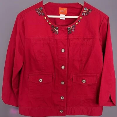 Hearts of Palm Red Beaded Embellished Cotton Twill Jacket Blazer Women’s Size 14 - Image 1 of 4