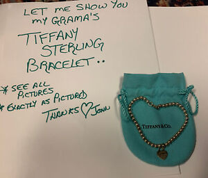 Tiffany & Co. 925 Sterling Silver ball Link Chain Bracelet w heart pendant bag