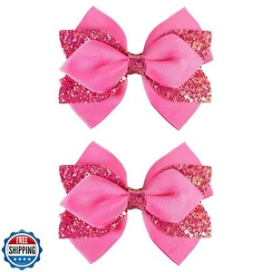 Glitter Hot Pink Hair Bow Clips 4inch Shiny Sequin Bowknot Alligator Barrette - Picture 1 of 5