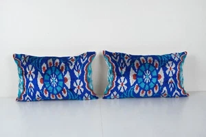 Handmade Ikat Blue Velvet Pillow - Set Silk Ikat Decorative Pillow Cover - Picture 1 of 4