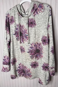 CJ Banks Women TOP 2X Hooded Tee Gray Purple Floral Thumbhole Tunic Quality - Picture 1 of 16