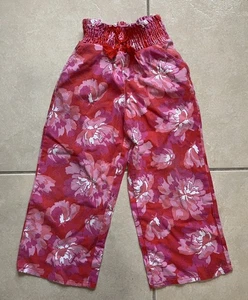 Girls Sz S(5-6) Red/Pink Floral Linen Blend Wide Leg Pockets Summer Pants - Picture 1 of 13