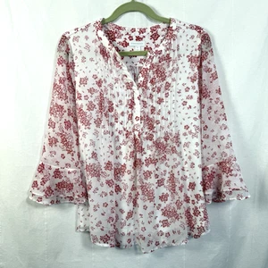 Charter Club Blouse Womens Sz L White/Red Floral Sheer 3/4 Bell Sleeve VNeck Top - Picture 1 of 8
