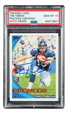 Tim Tebow Signed 2010 Topps #440 Denver Broncos Rookie Card PSA Auto Gem MT 10 - Image 1 of 2
