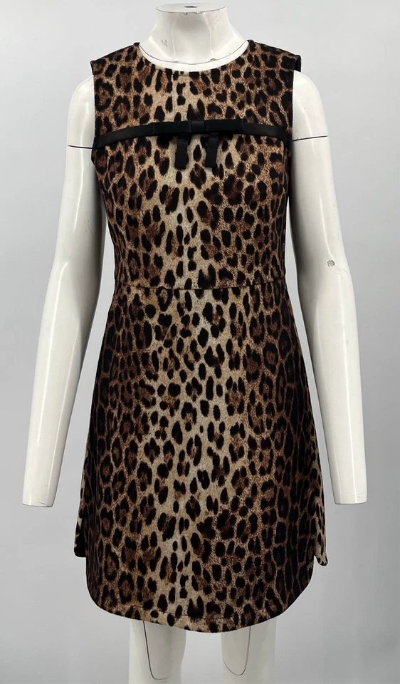 Vestido Boutique Moschino marrom estampa de leopardo mistura de lã sem mangas arco-sotaque tamanho 6 - Imagem 1 de 4