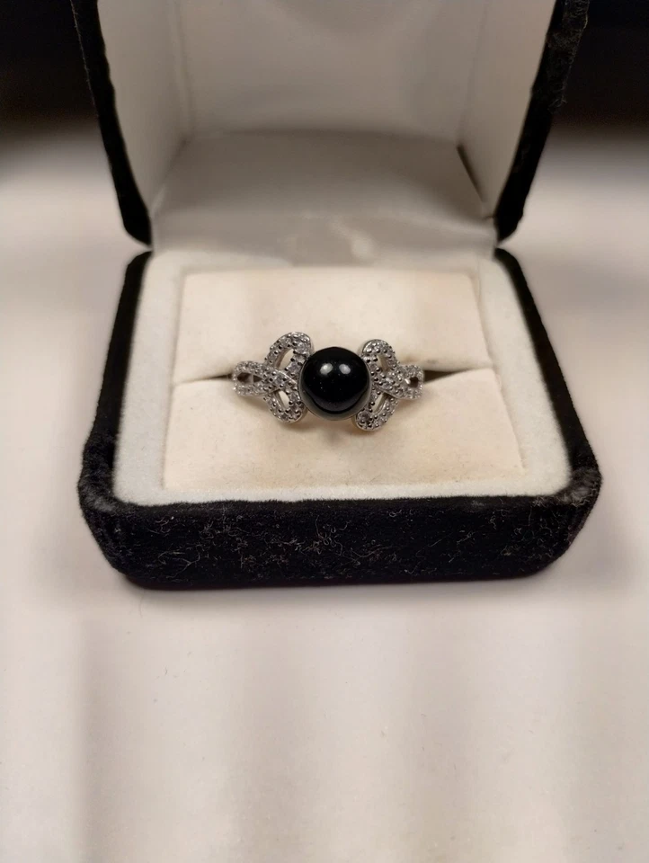 Anillo de plata 925 de perlas negras con juegos transparentes talla 6 Foto 1 de 4