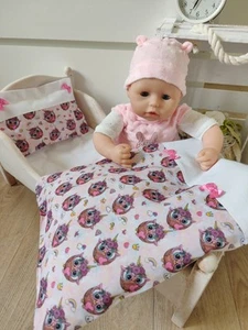 ❤Puppenbettwäsche❤PuppenwagenGarnitur EinhornEule Herzen rosa ❤ Handmade Neu - Bild 1 von 4
