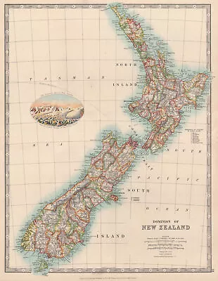 DOMINION OF NEW ZEALAND In Counties. Godley Glacier Vignette. JOHNSTON 1912 Map • 34.99£