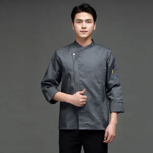 Men Women Chef Work Breathable Kitchen Gray Collar Long-Sleeved Chef Coat Jacket - Picture 1 of 13