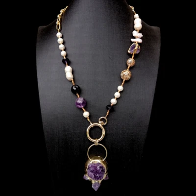 Collar Amatista Perla Blanca Cultivada 23" Amatista Púrpura Colgante Druzy Crudo Foto 1 de 4