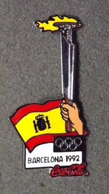 Coca Cola Coke Lapel Pin 1992 Barcelona Olympic Games Torch Spanish Flag - Image 1 of 2