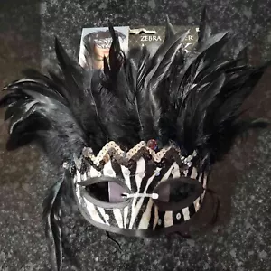 Zebra Feather Eye Mask Costume Masquerade Dress Up Plastic - RRR Mask - Picture 1 of 2