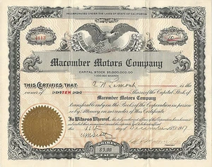 CALIFORNIA 1917 Macomber Motors Company Stock Certificate Signed by Macomber - Picture 1 of 2