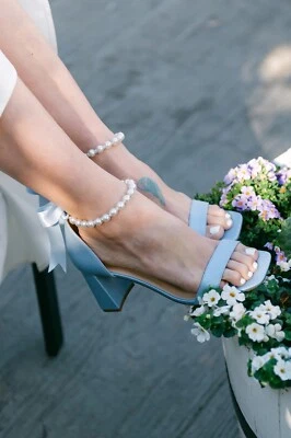 Nuevas sandalias de tacón de vestir con correa al tobillo de perlas punta abierta satinado lazo con cordones graduación boda Foto 1 de 4
