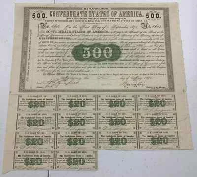 Type 4, Ball 7,  1861 $500 Confederate States of America Loan with 14 coupons - Image 1 of 2