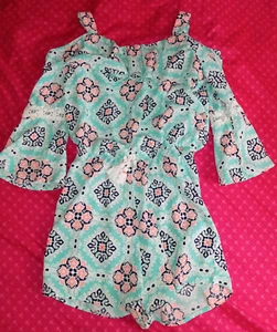 Girls My Michelle Cold-Shoulder Crochet Romper Teal White Orange White M 8/10/12 - Picture 1 of 8