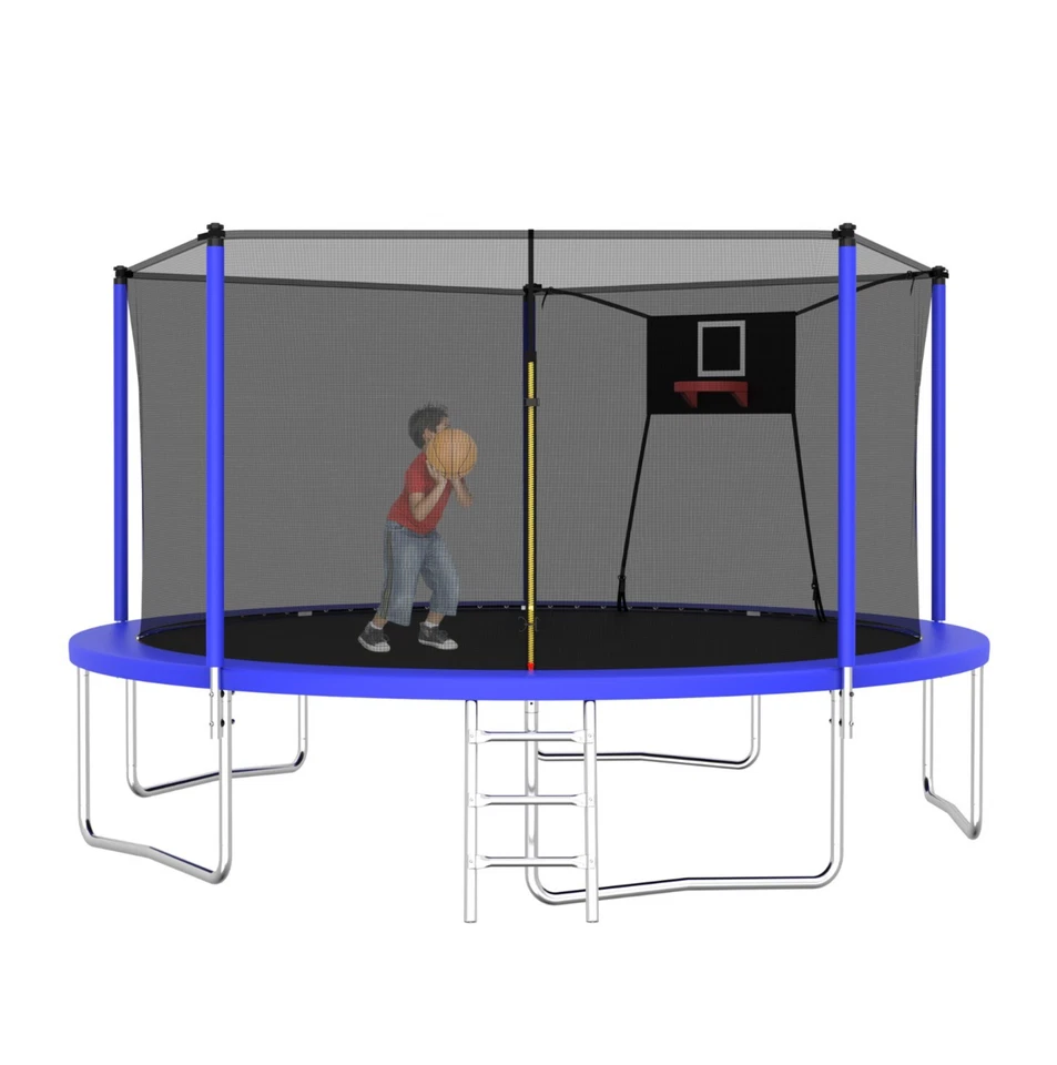 14FT Trampoline w/Safety Enclosure Net Spring Pad Ladder Basketball Hoop Outdoor - Image 1 of 4