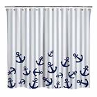 Sunlit Nautical Fabric Shower Curtain Navy Blue Anchor with Gray Stripes Show...