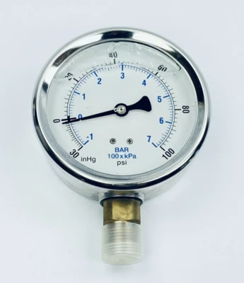 HT-G16 PRESSURE GAUGE 0-100PSI 0-7BAR 4" FACE 1/2" NPT - Image 1 of 4