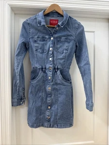 Guess Los Angeles Denim Dress XS Button Up Long Sleeves Pockets Missing Belt - Picture 1 of 7