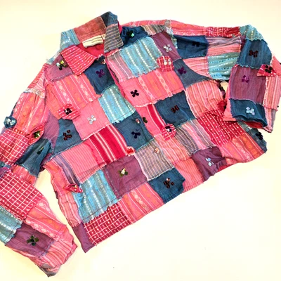 Carrie Allen Patchwork Sequined Button Down Collared Blouse Womens Size Large - Image 1 of 4