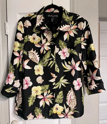 Blusa SilkLand negra 100% seda abotonada hawaiana floral y conchas marinas talla 1x Foto 1 de 4