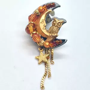 Liztech NIGHT OWL AND MOON Vintage Artisan Beaded Pin Brooch 2008 RARE - Picture 1 of 4