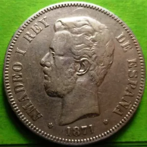 AMADEO I, 5 Pesetas 1871, Estrellas 18-74, Plata, ESPAÑA - Imagen 1 de 2