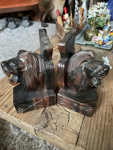 8” Pair Heavy Wood Carved Lion Head Trim Parts Salvage Corbels rosewood bookends Cover