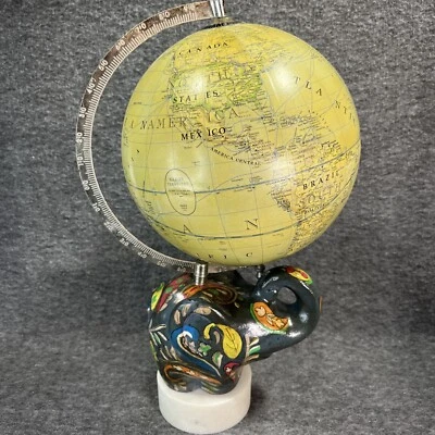 "Globo de piedra elefante mundo pintado sobre base de mármol Art Deco raro 16"" de alto" Foto 1 de 4