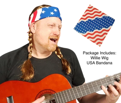 Willie Nelson Official Braided Wig Cowboy Country Costume with USA Bandana - Image 1 of 4