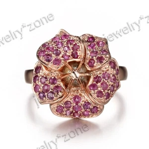 Stylish 6mm Round Cut Semi Mount Genuine Rubies Anniversary Ring 14K Rose Gold - Picture 1 of 10