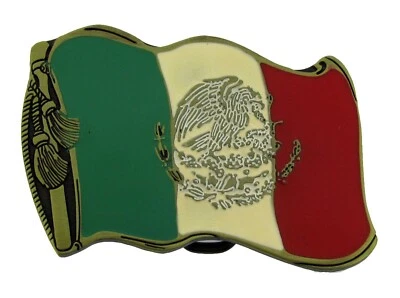 Wavy Mexico Flag Belt Buckle Western Cowboy Rodeo Mexican Men Women Brass Metal - Image 1 of 4