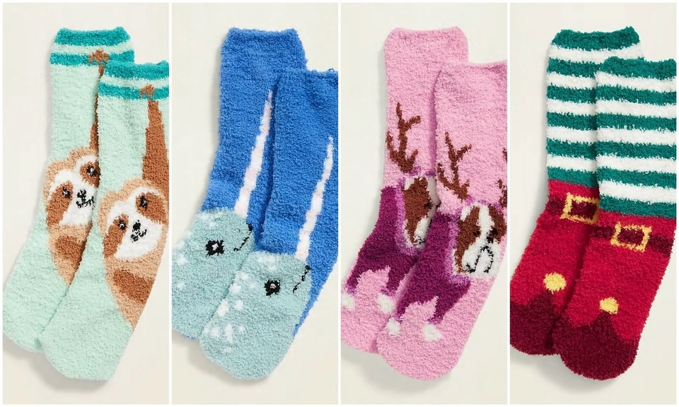 NUEVO CON ETIQUETAS Antiguo Azul Marino Gráfico Chenilla Difuso Acogedor Calcetines Mujeres Perezoso Narval Elfo Zapato Perro Foto 1 de 1