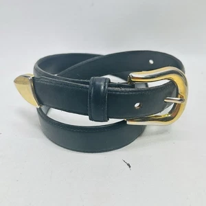 Vintage First Issue eleganter Gürtel Damen M schwarz Leder halten goldfarbene Hardware Spitze verstellbar - Bild 1 von 15
