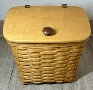 Longaberger Medium Papierkorb mit Holzdeckel & Lederscharnieren 2000 handgewebt USA - Bild 1 von 8