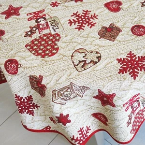 Tablecloth Oval Christmas Fabric Beige Snowflake Holiday Red Hearts Tapestry - Picture 1 of 7