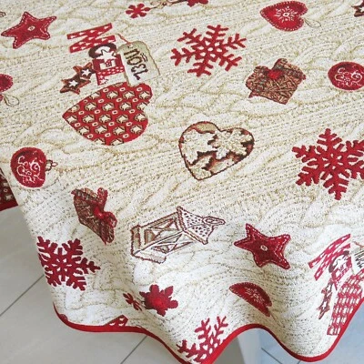 Tablecloth Oval Christmas Fabric Beige Snowflake Holiday Red Hearts Tapestry - image 1 of 4