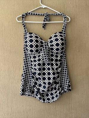 Top de natación Merona para mujer Tankini halter geométrico azul marino blanco talla grande Foto 1 de 4