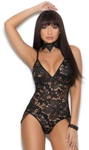 Lace Teddy Eyelash Flutter Sides Deep V Plunging Neckline Black 7277 - Picture 1 of 5