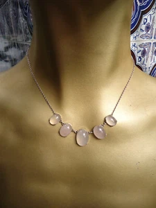 Vintage Estate Georgian / Deco 16" Palest Rose Quartz 5 Cabochon Necklace Silver - Picture 1 of 7