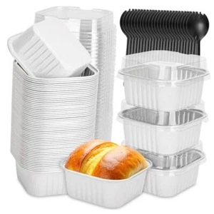 60 Pack Mini Disposable Cake Pans with Lids, Aluminum Foil Square 5oz White - Picture 1 of 8
