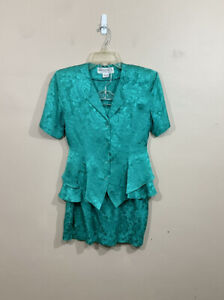 VTG Argenti Petite Sophisticates Silk Skirt Suit 2P Blue Floral 80s Glam Party 