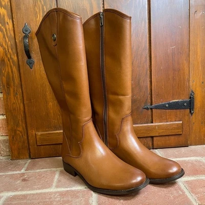 Frye Marissa Medallion Cognac Brown Leather Riding Knee High Zip Up Boot Size 7 - Image 1 of 4